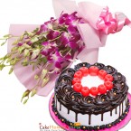 send half kg eggless German Black Forest Cake 6 orchid bouquet delivery