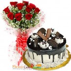 send half kg eggless kitkat oreo cake and 10 red roses bouquet delivery