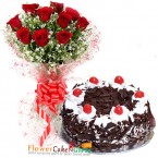 send Eggless Black Forest Cake N Red Roses Bouquet delivery