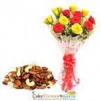 send red yellow rose bouquet with 250gms dry fruits delivery