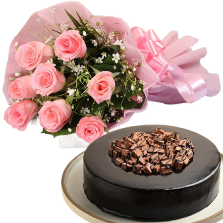 send Kitkat Crush Cake n pink roses flower bouquet | flower and cake delivery delivery