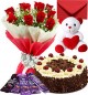 500gms Black Forest Cake Teddy Bear Chocolate Red Roses Bouquet Greeting Card