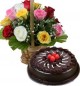 1Kg Eggless Chocolate Traffle Cake N Mix Roses Basket