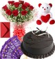 10 Red Roses Flower Bouquet 500gms chocolate truffle cake Chocolate  teddy Bear Greeting Card