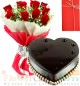 1kg Heart Shaped Chocolate Cake with Red Roses Bunch