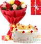 1Kg Pineapple  Cake 10 Mix Roses bouquet with Greeting Card
