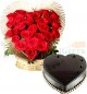 500gms Heart Shaped Eggless Chocolate Cake n Roses Heart Shape Bouquet