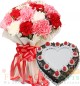 1Kg Chocolate Heart Shaped Black Forest Cake n Carnations Flower Bouquet
