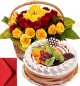 Mixed Fruit Cake Half Kg with 20 Red Yellow Roses Basket