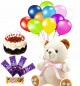 combo of teddy cake chocolates and balloons