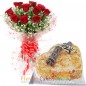 heart shaped half kg butterscotch cake and red roses bouquet