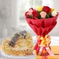 eggless 1kg heart shaped butterscotch cake and roses bouquet
