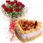 eggless half kg heart shaped fruit cake and roses bouquet
