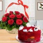 half kg red velvet cake 15 red roses basket