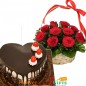 half kg heart shaped choco vanilla cake n 15 red roses basket