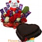 half kg eggless chocolate cake heart shape n roses flower n teddy chocolate arrangement