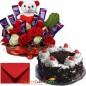 half kg black forest cake n special roses teddy chocolate arrangement 