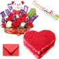 half kg eggless heart shaped red velvet cake n special roses teddy chocolate basket