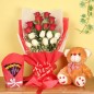 18 mixed roses brown teddy bear five dairy milk chocolates
