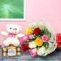 10 mixed colored roses teddy n box of 16 ferrero rocher chocolates