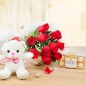 10 red colored roses teddy n box of 16 ferrero rocher chocolates