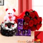 1kg eggless black forest cake teddy bear dairy milk silks red roses bouquet