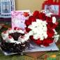 1 kg eggless black forest cake along with 20 mix red and white roses greeting card