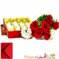 500gms kaju katli box with 6 red roses bouquet