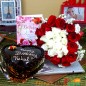 half kg eggless chocolate cake heart shape along with 20 mix red and white roses greeting card