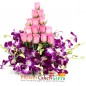 15 pink roses 6 purple orchids in basket