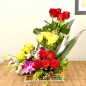 8 yellow 8 red roses 2 purple orchids basket