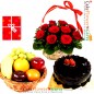 half kg chocolate cake 3 kg fresh fruits basket 15 roses basket greeting card
