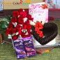 half kg heart shape chocolate cake with 25 roses bouquet and cadbury silk