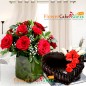 half kg hart shape chocolate cake with vase of 10 red roses