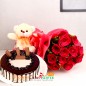 half kg eggless kitkat chocolate cake teddy with 12 red roses bouquet