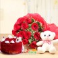 half kg red velvet cake teddy bear 12 red roses bouquet