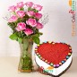 half kg red velvet gems heart shape cake 12 pink roses in a vase