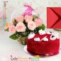 1kg eggless red velvet cake and 15 pink roses basket