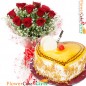 half kg eggless butterscotch heart shape cake and 10 roses bouquet