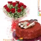 1kg eggless red velvet cake heart shape and 10 roses bouquet