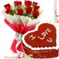 half kg eggless red velvet cake heart shape and 10 red roses bouquet