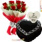 1kg eggless heart shape chocolate cake and 10 roses bouquet