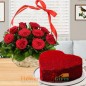 1kg heart shape red velvet cake 15 red roses basket