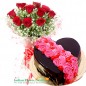 half kg eggless roses on heart designer chocolate cake and 10 roses