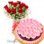 half kg eggless pink roses chocolate cake n 10 red roses bouquet
