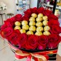 red roses with ferocher chocolate heart shape arrangement