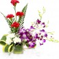 4 purple orchids 8 red white carnations vase