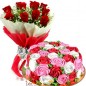 half kg eggless white red roses designer chocolate cake n bouquet
