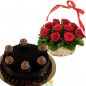 half kg eggless ferrero rocher cake and 15 red roses basket