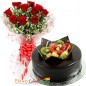 half kg eggless chocolate fruit cake and 10 red roses bouquet
